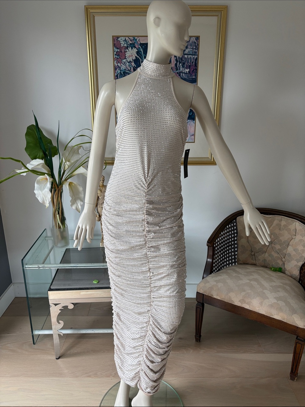 Sleeveless Halter Ruched Maxi Dress in Ivory